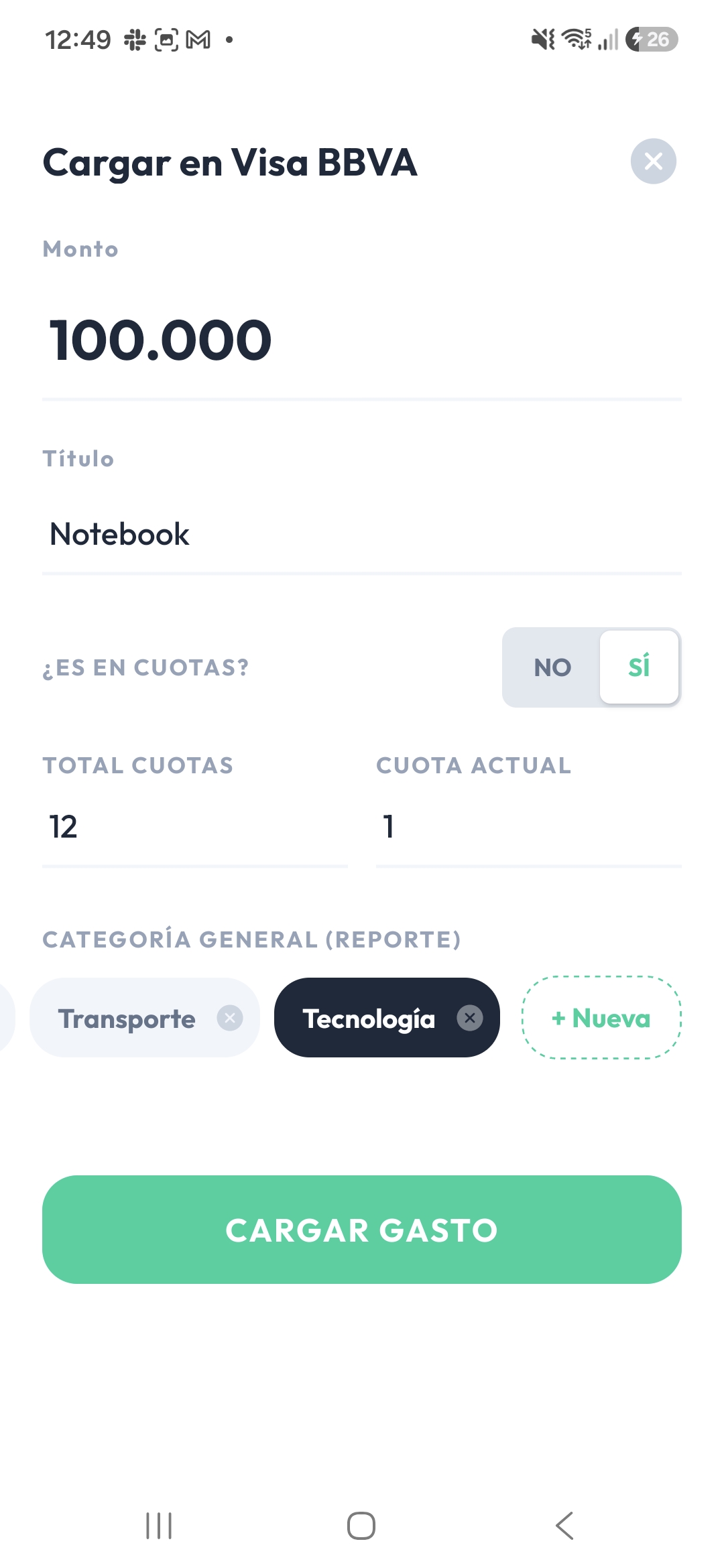 Pantalla de carga de un gasto en cuotas