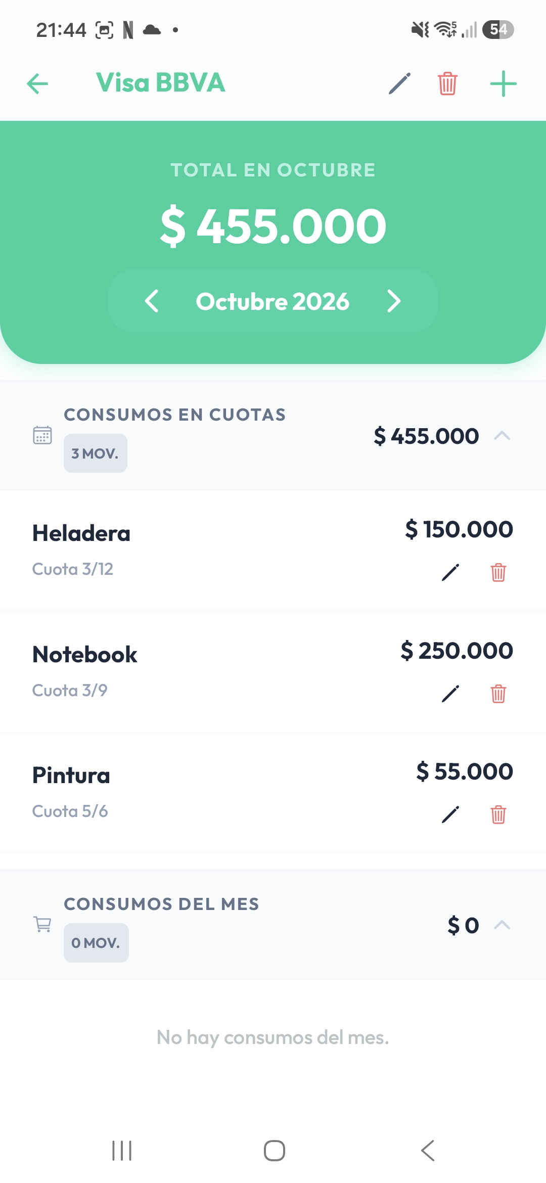 Cuotas comprometidas de una tarjeta en un mes futuro